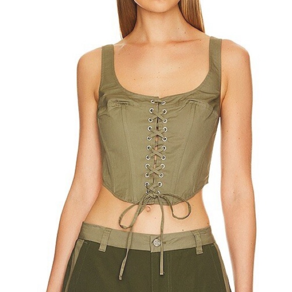 AFRM Campbell Olive Green Lace-Up Crop Top